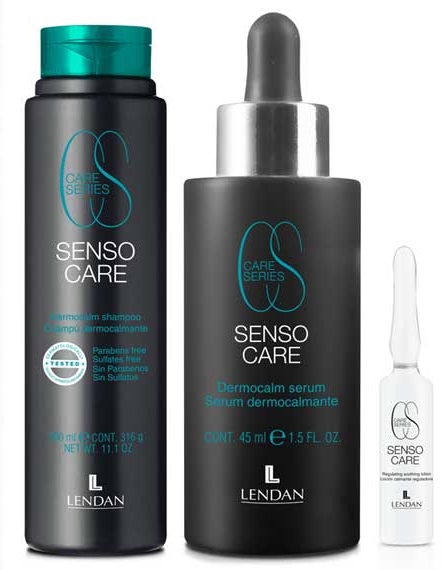 Sensocare LENDAN productos profesionales para el tratamiento del cuero cabelludo sensible, champu dermocalmante, locion reguladora y calmante y serum dermocalmante