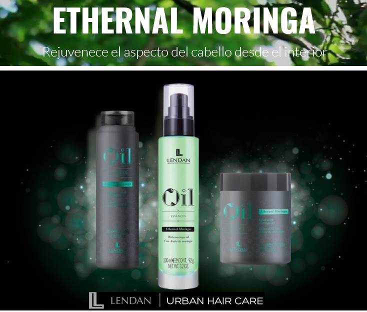 Ethernal Moringa de Lendan Cosmetics, tratamiento rejuvenecedor para el cabello compuesto por champú, mascarilla y aceite capilar serum antiedad.