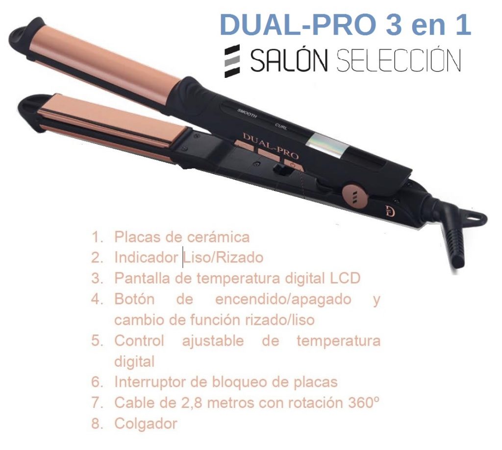 Nueva plancha DUAL-PRO Salon Seleccion Salerm, una plancha 3 en 1 para alisar, ondular y rizar con un unico aparato, sin cambio de cabezales.